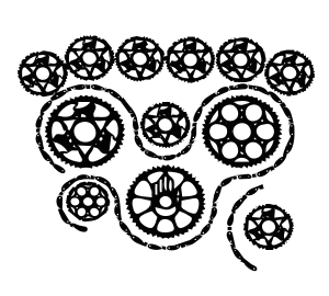 black and white drawing of bike chainrings and chains