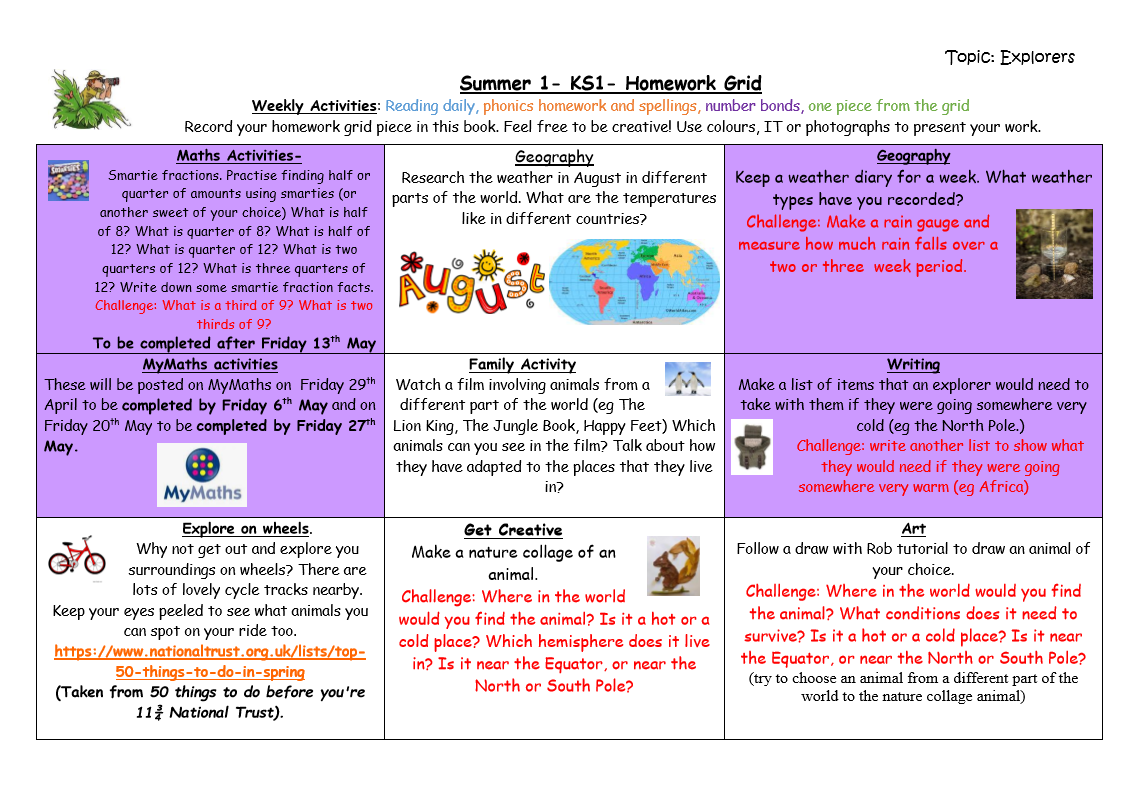 ks1 homework grid